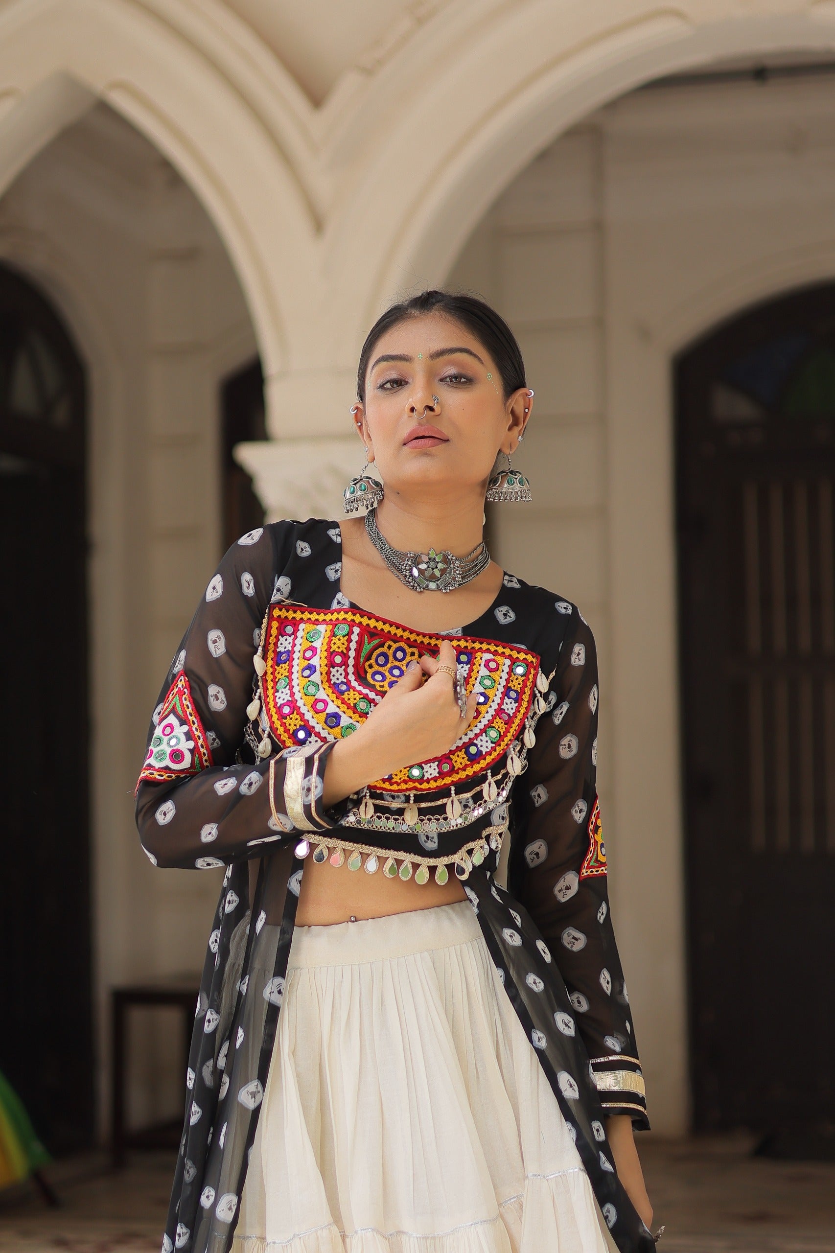 β¨  Navratri Collection - Bandhani Print Kurti with Kora Cotton Lehenga